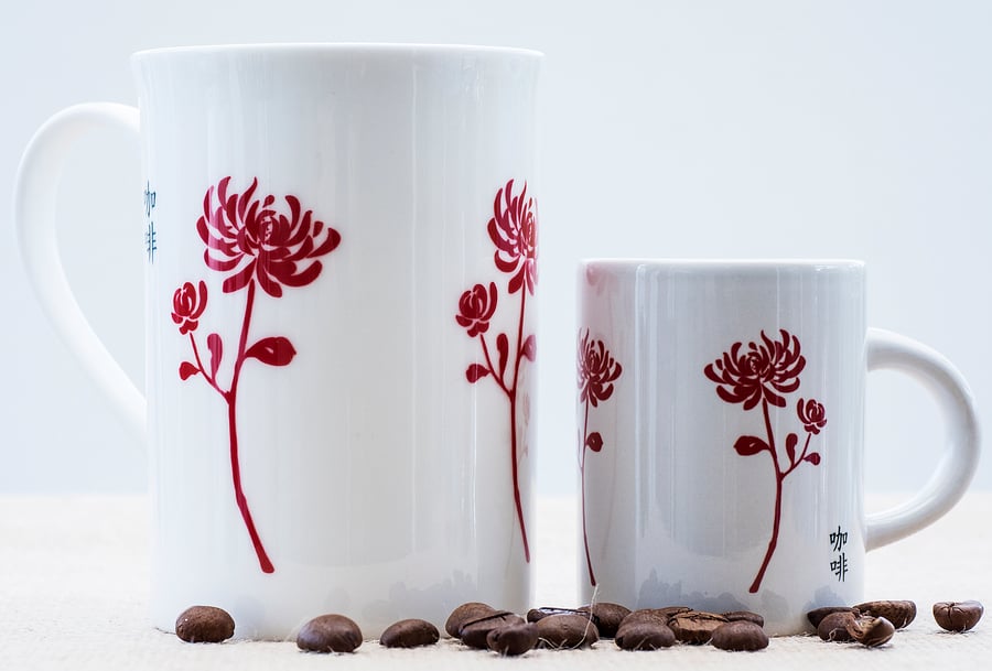 Red Chinese Chrysanthemum bone china coffee mug ceramic espresso oriental 