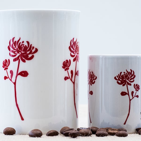 Red Chinese Chrysanthemum bone china coffee mug ceramic espresso oriental 