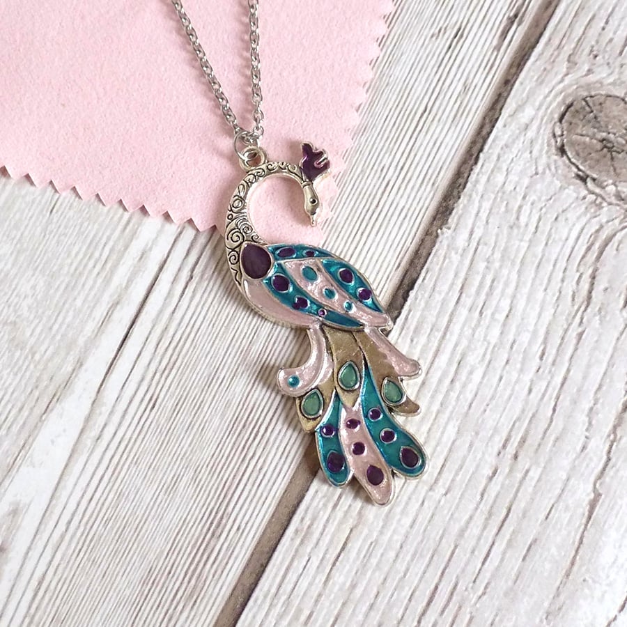Peacock pendant in rose pink, purple and turquoise, nature inspired gift 