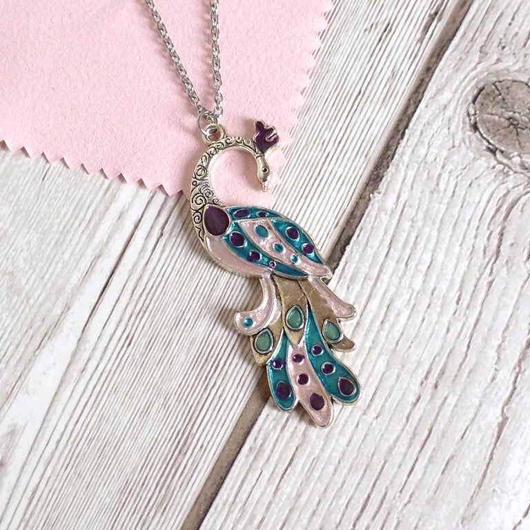 Peacock pendant in rose pink, purple and turquoise, nature inspired gift 