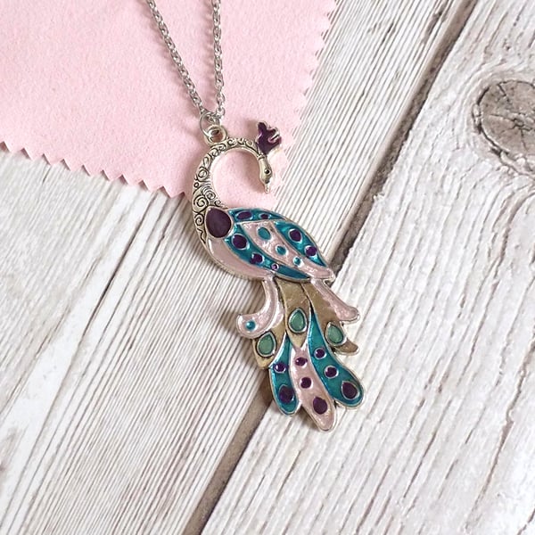 Peacock pendant in rose pink, purple and turquoise, nature inspired gift 