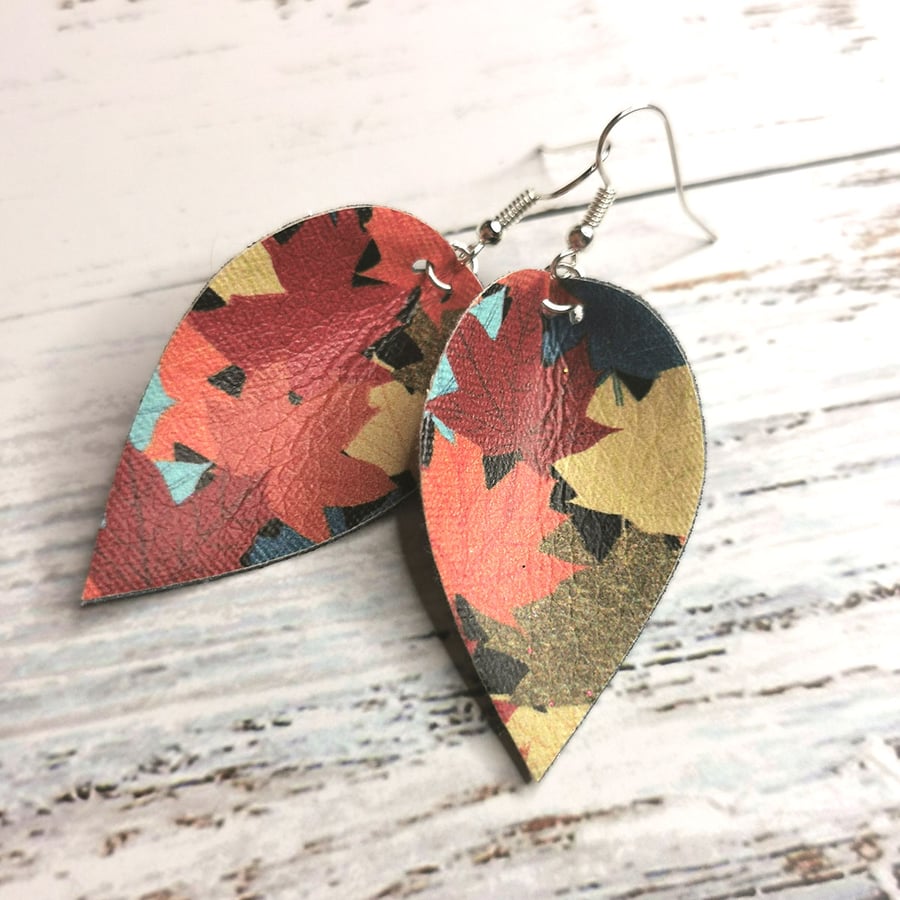 Multicoloured Print Faux Leather Pinched Leaf Dangle Earrings