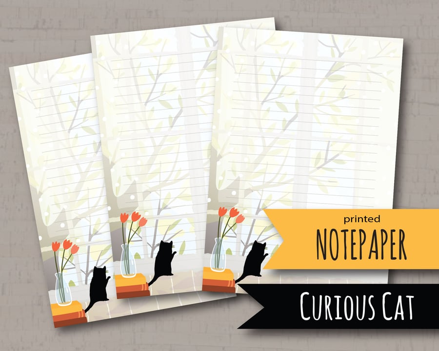 Letter Writing Paper Black Cat by Window, cute note paper, cat stationery
