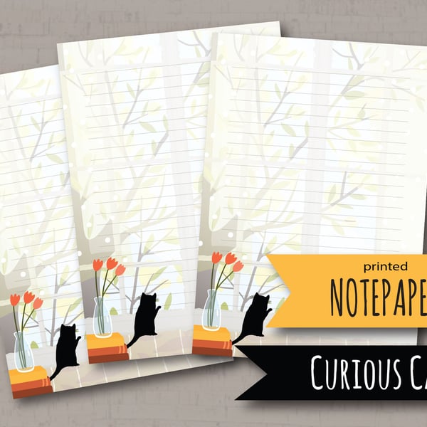 Letter Writing Paper Black Cat by Window, cute note paper, cat stationery