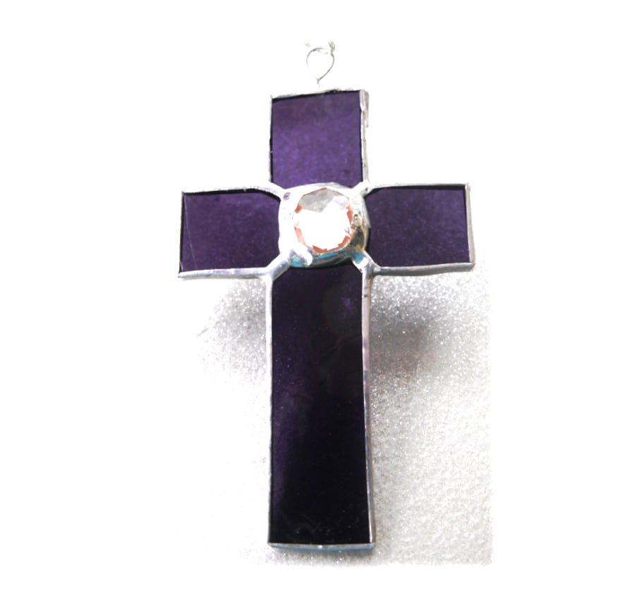 Small Cross Suncatcher Stained Glass Handmade Purple Crystal 002