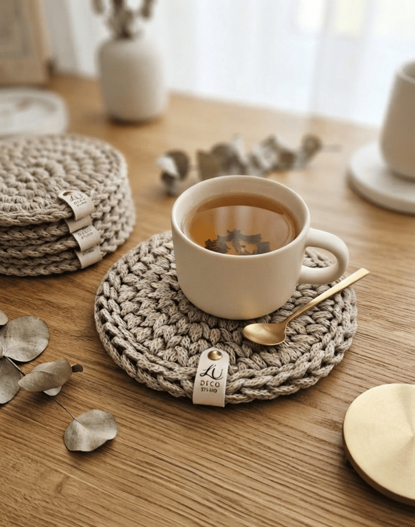 Handmade Crochet Cotton Single Coaster, Rustic Boho Table Mat, Housewarming Gift