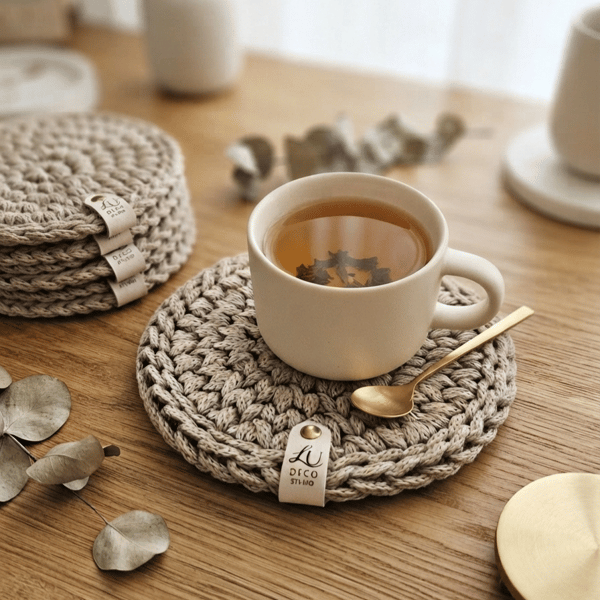 Handmade Crochet Cotton Single Coaster, Rustic Boho Table Mat, Housewarming Gift