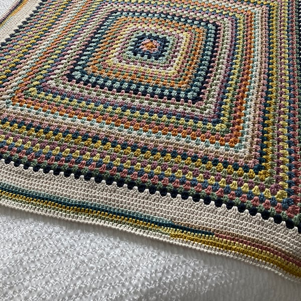 Large Crocheted Granny Square Blanket in Vintage Colours