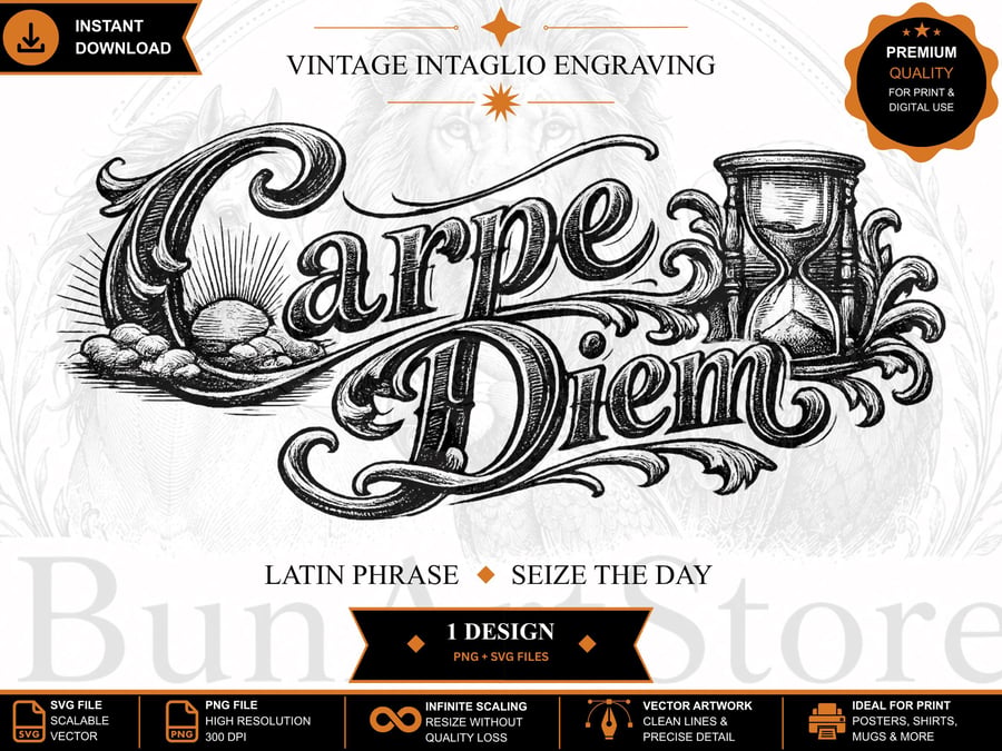 Carpe Diem Vintage Engraving Latin Quote Intaglio Illustration (Digital Download