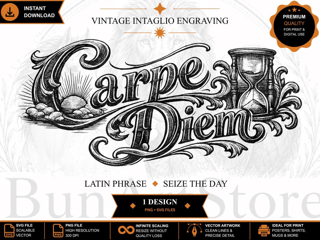 Carpe Diem Vintage Engraving Latin Quote Intaglio Illustration (Digital Download