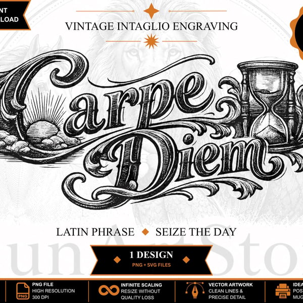 Carpe Diem Vintage Engraving Latin Quote Intaglio Illustration (Digital Download