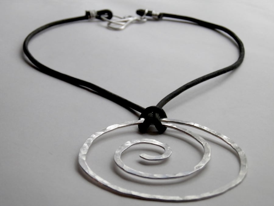 Large Silver Necklace Spiral on Leather