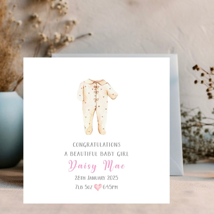  Watercolour Baby Gro Clothing  design - Personalised New Baby Girl Card