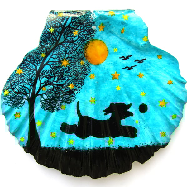 Dog Painting on Shell, Moon Stars Tree Dog Ball Silhouette, Hand Painted Gift