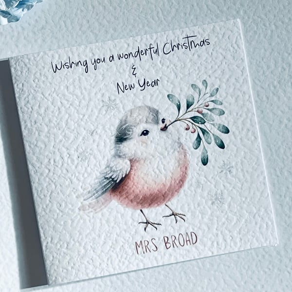 Christmas card with pink watercolour robin bird personalised 