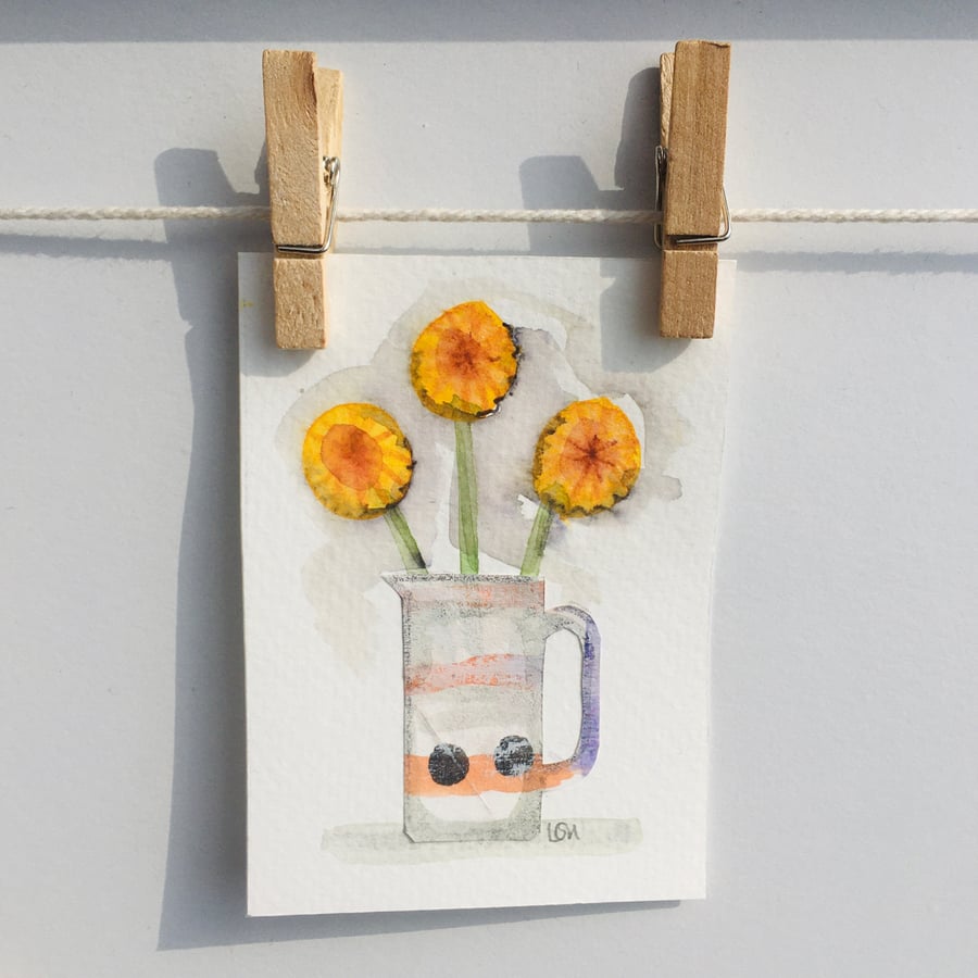 Original watercolour and collage ACEO miniature painting flowers in a jug 