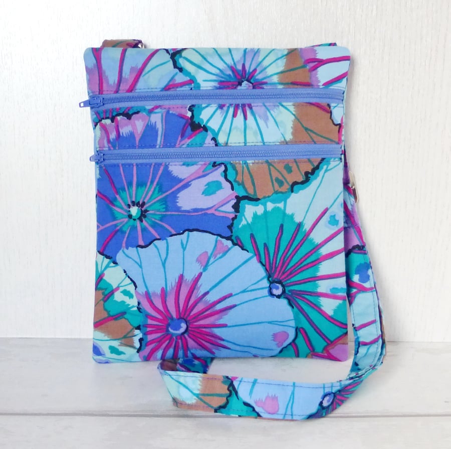 Cross body bag, double zipped, Kaffe Fassett fabric.