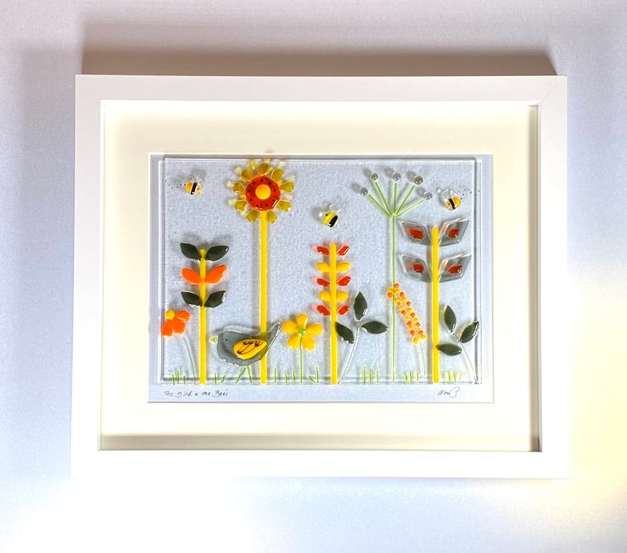  Retro Fused glass “the bird and the bees” glass art picture
