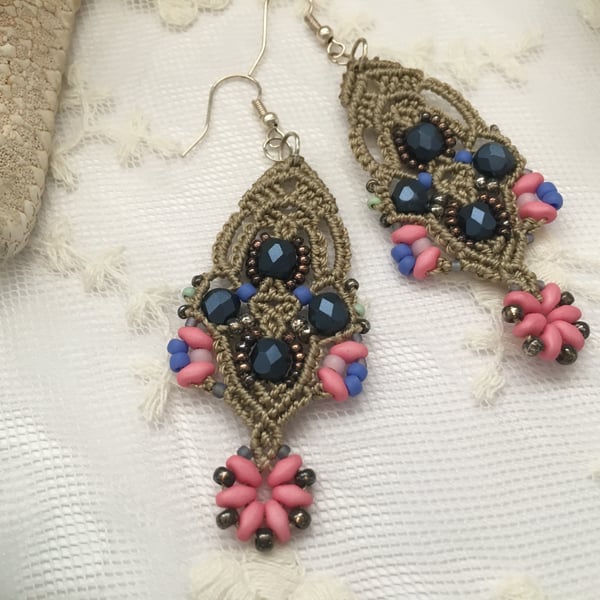 Earrings, dangle, drop, macrame beaded boho earrings, 