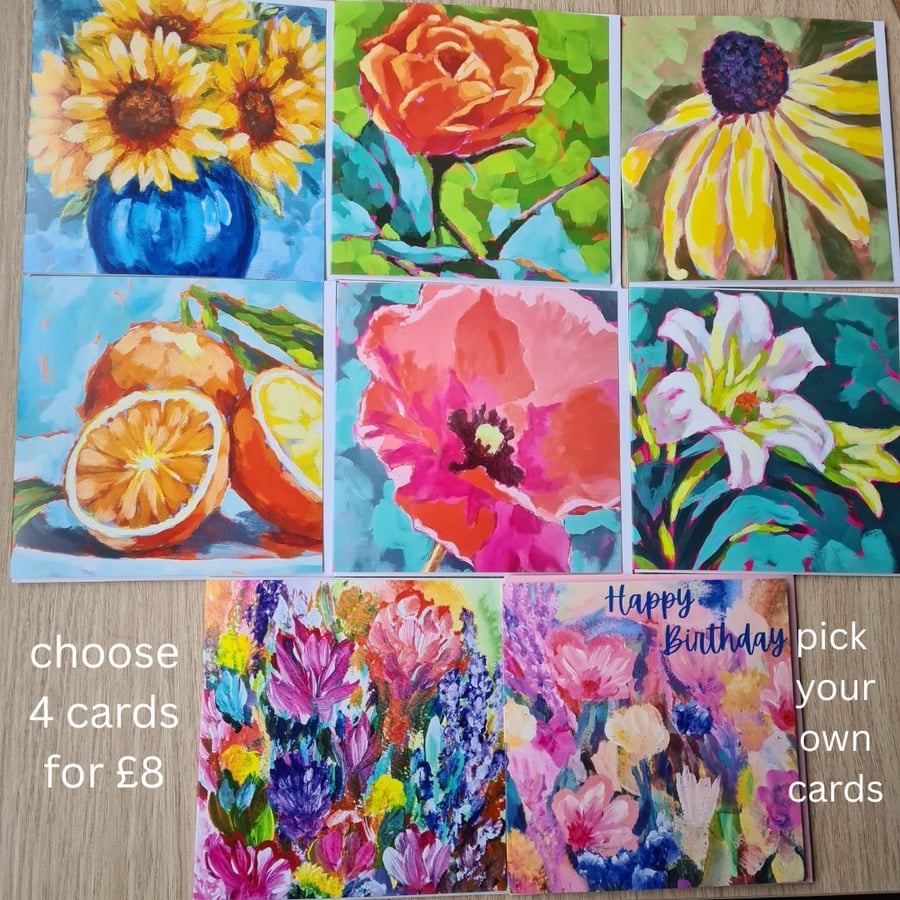 Pick your own cards pack of four colourful floral cards