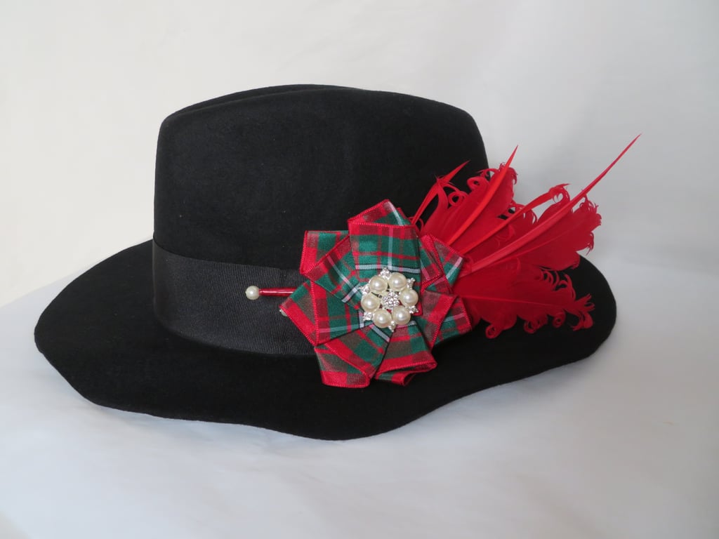 MacGregor Tartan Ruffle Red Feather and Pearl Hat or Hair Clip