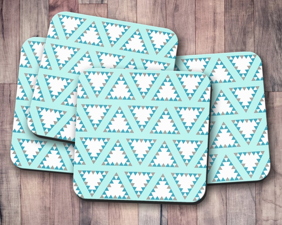 Set of 4 Geometric Blue with White and Grey Triangles Coasters, Drinks Mat