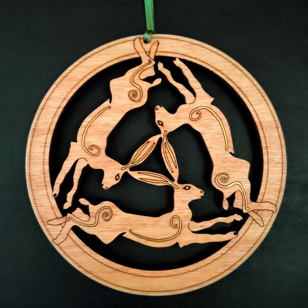Three Celtic Hares - large wooden wall hanging or window ornament