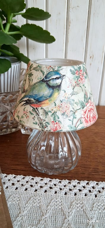 Glass Lamp Tealight Holder Roses Bird