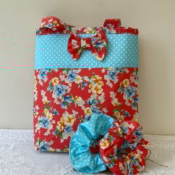 Charming Little Girls Cotton Tote Bag and Matching Scrunchies.Orange Floral.