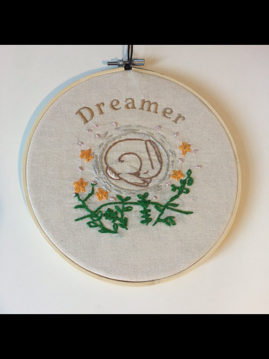 Hand embroidered hoop art picture - Dreaming bunny rabbit 