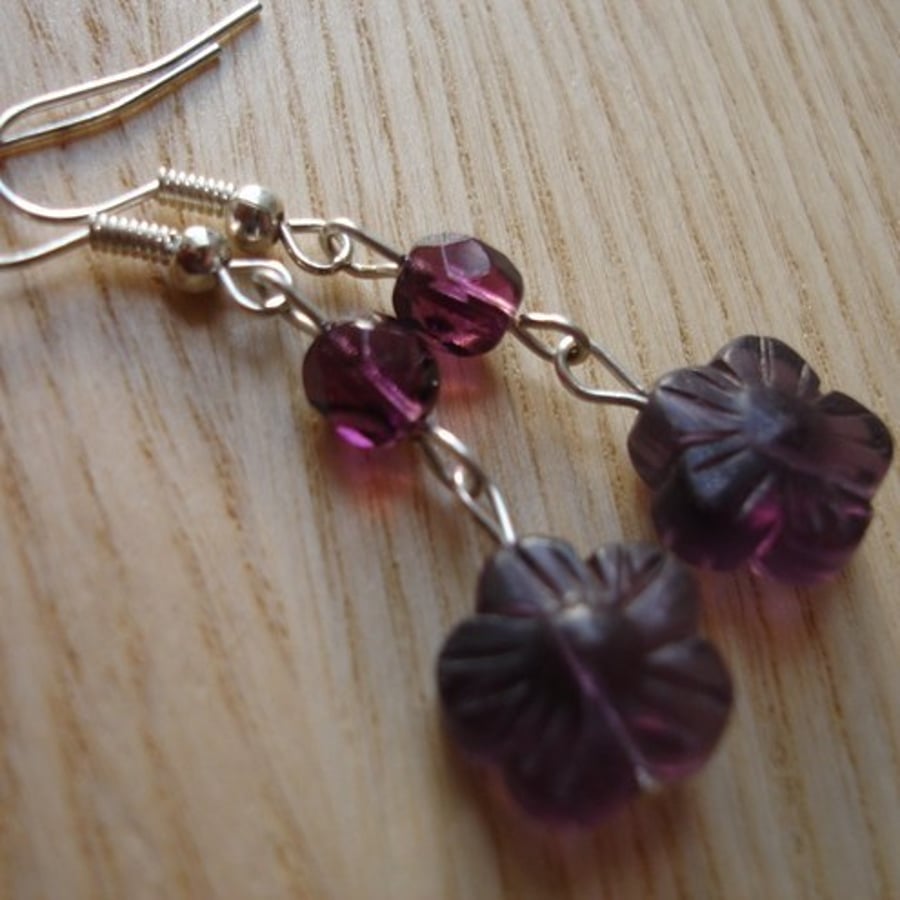 Purple Fluorite Flower Drop Earrings