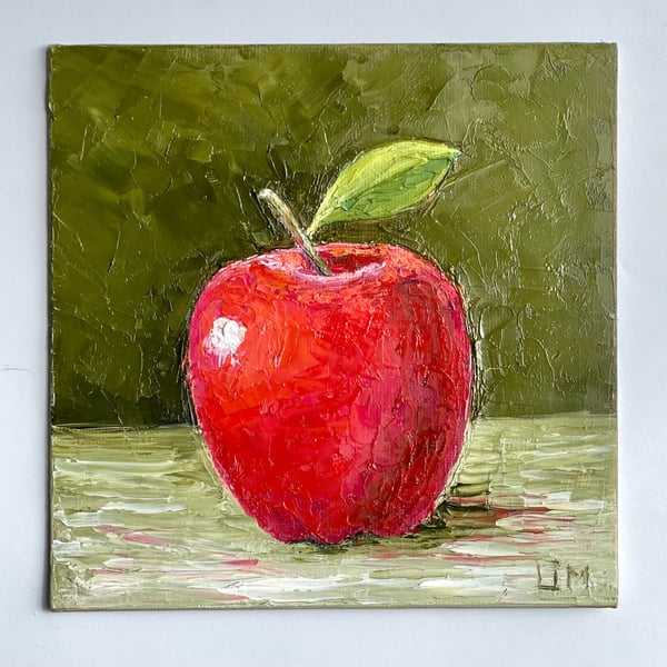 Apple Painting Original Artwork Red Apple Decor Fruit Still Life Impasto Farmhou