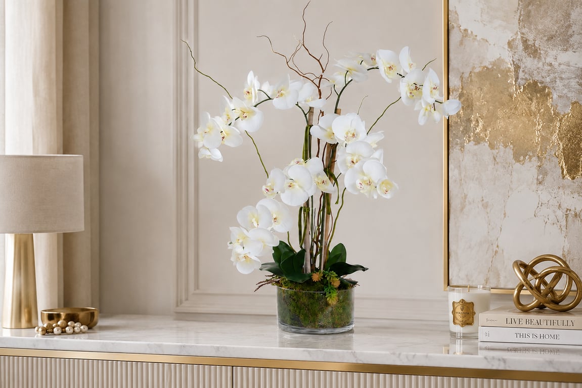 Luxury White Orchid Arrangement in Glass Vase - Premium Faux Floral Centerpiece 
