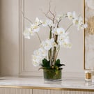Luxury White Orchid Arrangement in Glass Vase - Premium Faux Floral Centerpiece 
