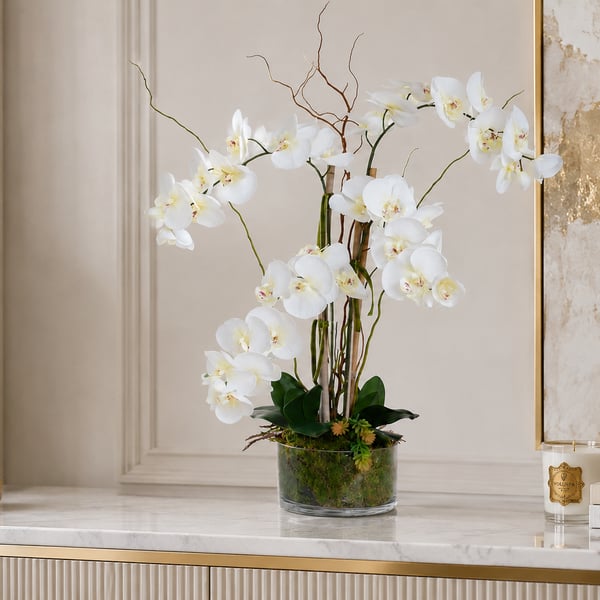 Luxury White Orchid Arrangement in Glass Vase - Premium Faux Floral Centerpiece 