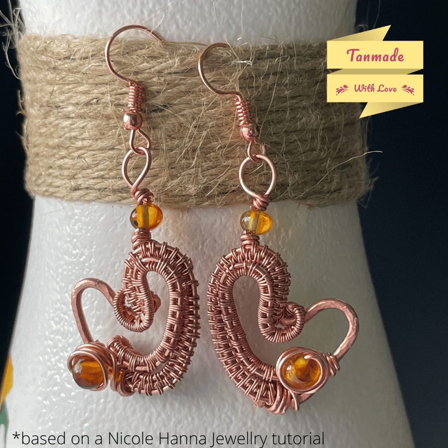 Amber Wire Wrapped Copper Heart Earrings