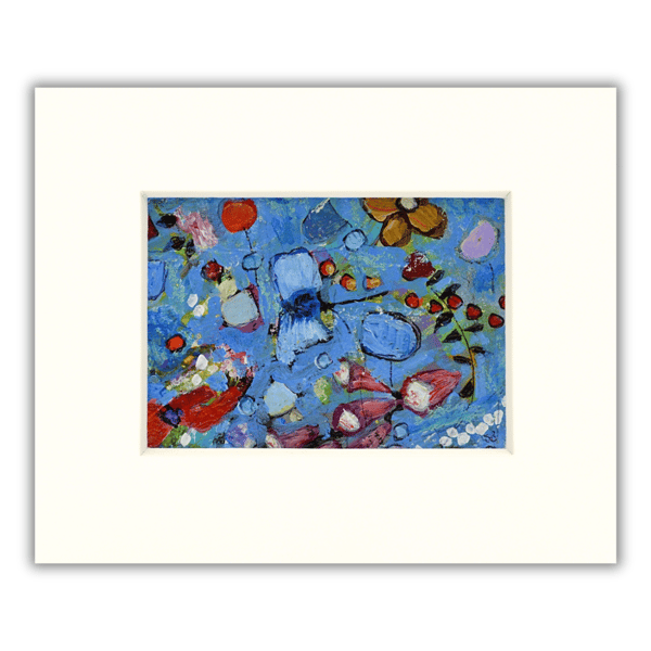 A mounted small painting of Scottish blue wildflowers - art card - collectible 