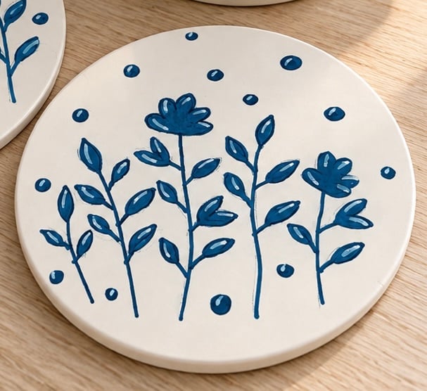 Ceramic coaster with hand drawn design. 