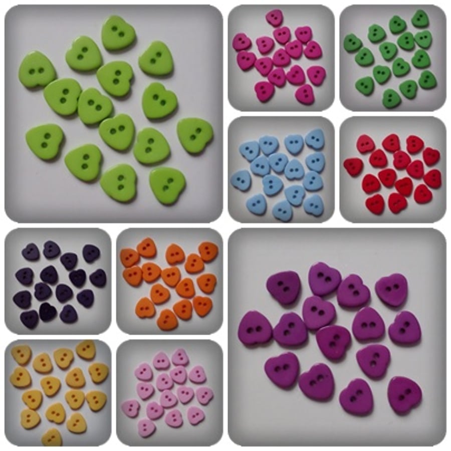 50 x 2-Hole Resin Buttons - Heart - 11mm - Mixed Colour 