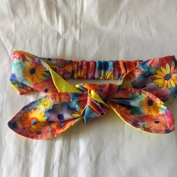 Self Tie Headband, yellow and orange floral cotton fabric