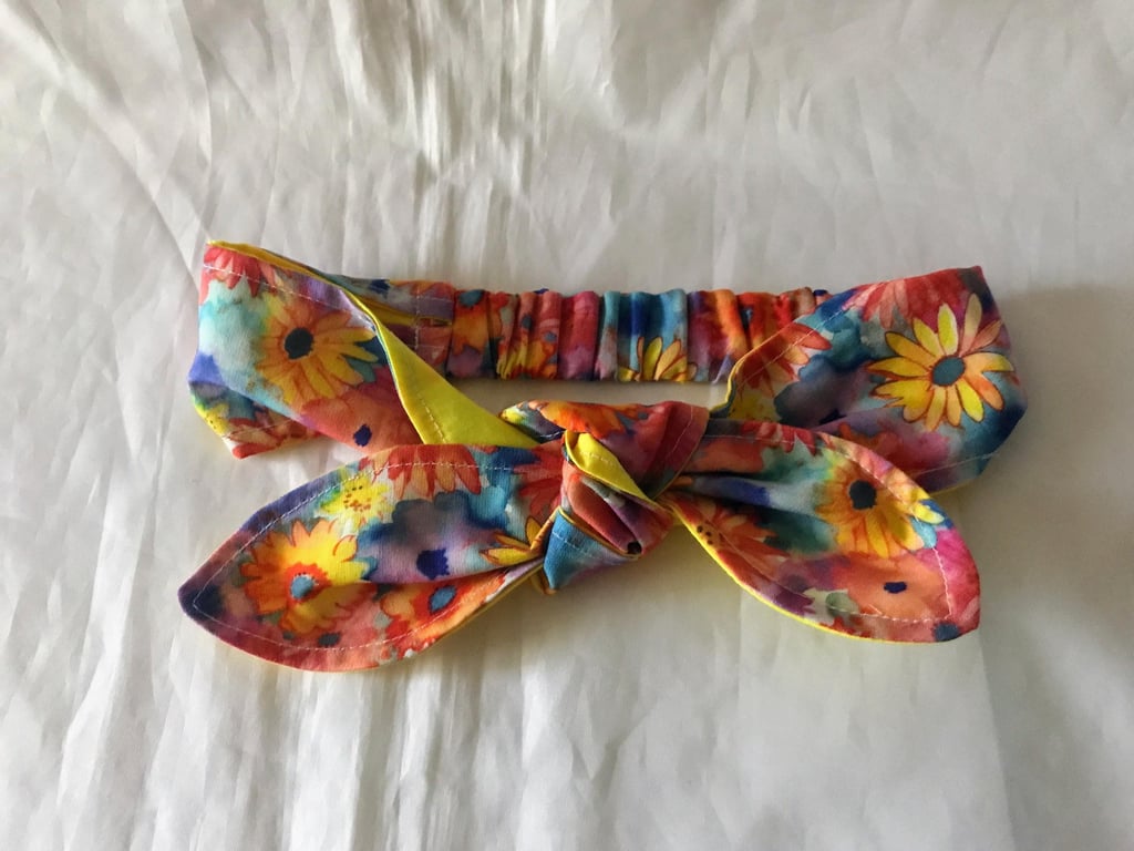 Self Tie Headband, scrunchie, yellow and orange floral cotton fabric