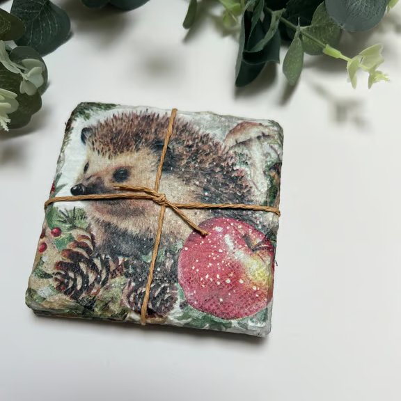 Slate Coasters Set of 2 - Decoupage Hedgehog, Kitchen, Gift Idea, Upcycled