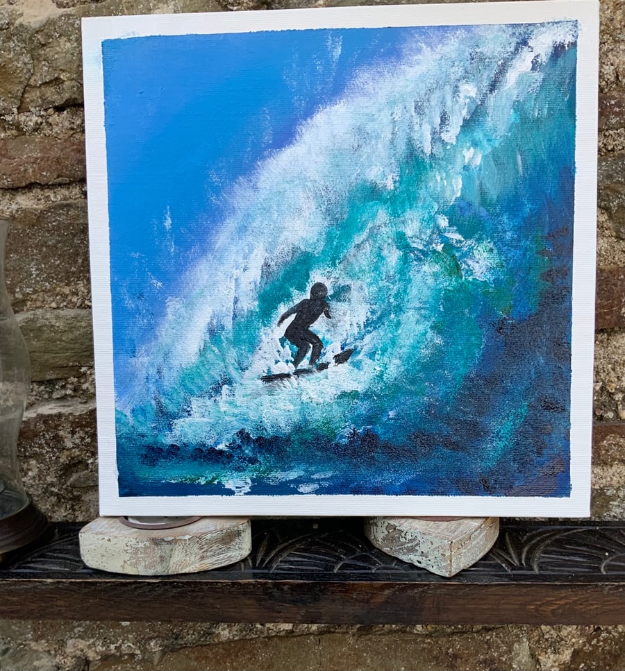 Acrylic Painting. Surfer. Sea waves. Coastal Art. 10” by 10” canvas. 