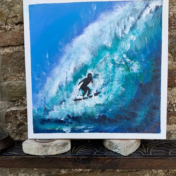 Acrylic Painting. Surfer. Sea waves. Coastal Art. 10” by 10” canvas. 
