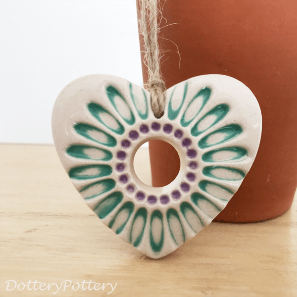 Small Ceramic heart decoration with teal daisy