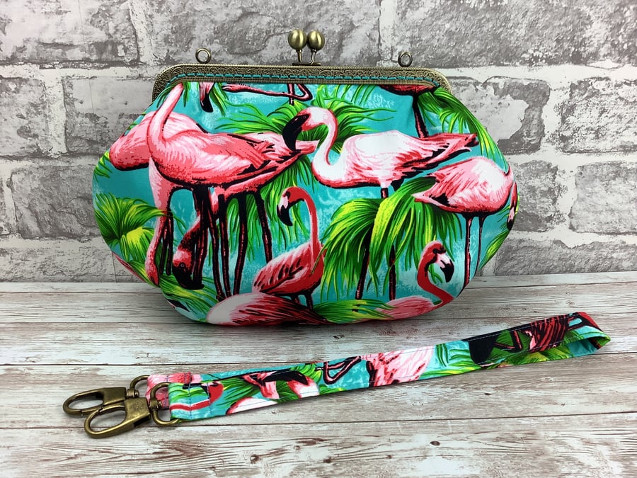 Tropical Flamingos medium fabric frame clutch handbag, Kiss clasp