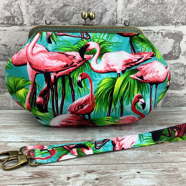 Tropical Flamingos medium fabric frame clutch handbag, Kiss clasp
