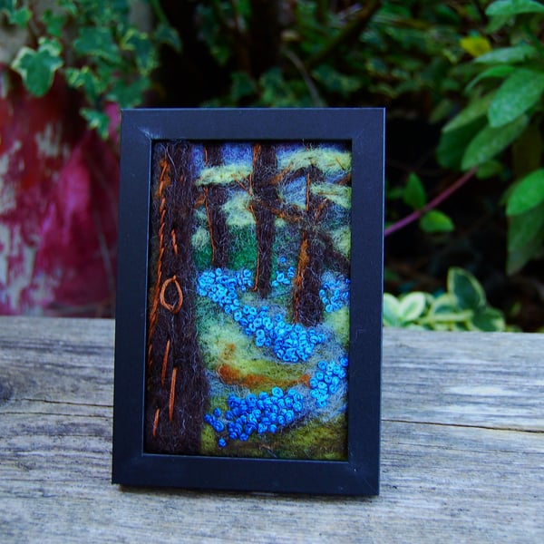 Bluebell drift.  Needle felted and hand embroidered wool painting