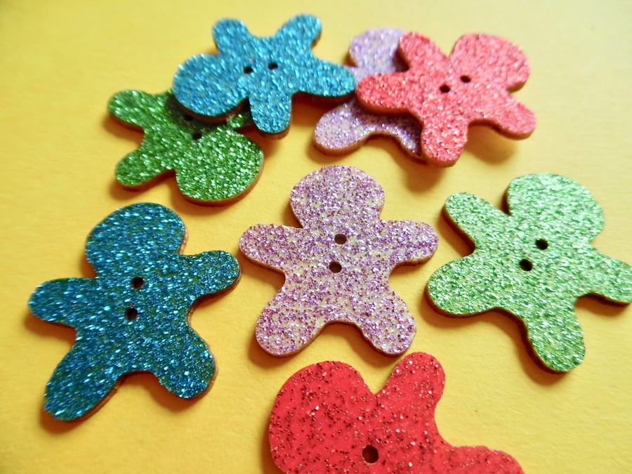 4 Assorted Gingerbreadman  Shape Glitter Wood Buttons  2 holes
