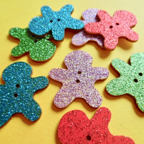 4 Assorted Gingerbreadman  Shape Glitter Wood Buttons  2 holes